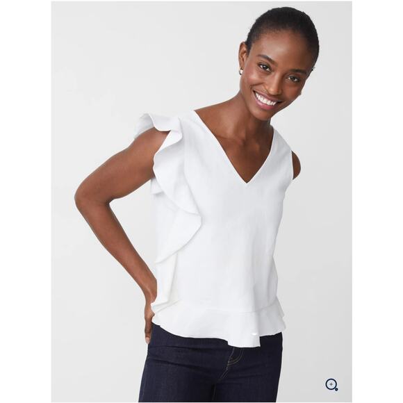 J. McLaughlin Athena Linen Blouse White Sleeveless Top Ruffle V Neck Tank Small - Picture 1 of 10